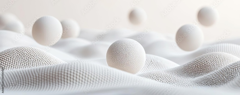 Poster surrealist art abstract background idea. abstract composition of white spheres on textured fabric, c