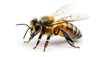 Bee macro isolated on a white background. Detailed bee. Concept of close up insect, entomology studies, and nature s intricacy