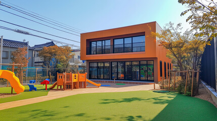 Colorful playground and modern building at a childcare center on a sunny day in a residential area
