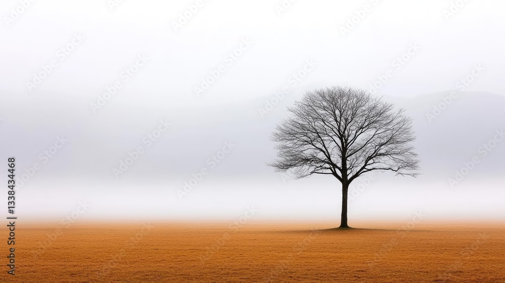 Poster negative space design abstract background idea. a solitary tree stands in a foggy field, surrounded 