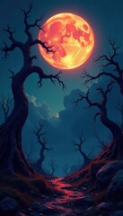 Fototapeta premium an eerie, glowing moon rises above a surreal landscape of twisted trees, dreamlike, surreal landscape, eerie