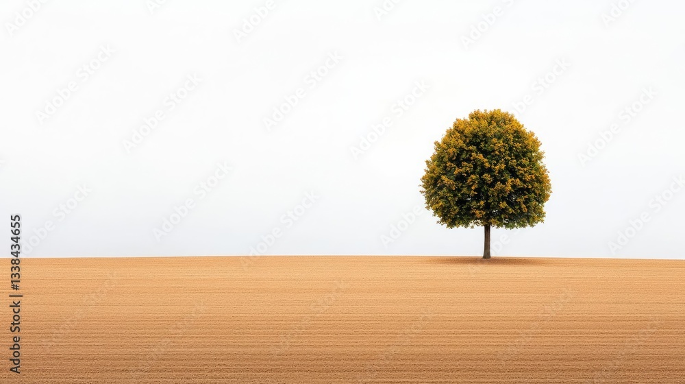 Poster negative space design abstract background idea. a solitary tree stands in a vast, empty landscape un