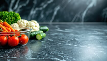 Close-up of fresh-cut produce stored in clear containers, red cherry tomatoes, green cucumbers, orange carrots, and white cauliflower, placed on a sleek marble kitchen table