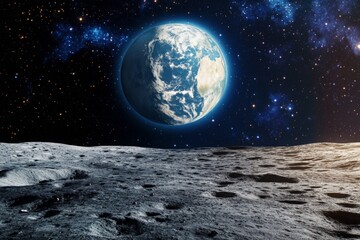 Obraz premium View of Earth from the lunar surface during a clear night with stars illuminating the sky