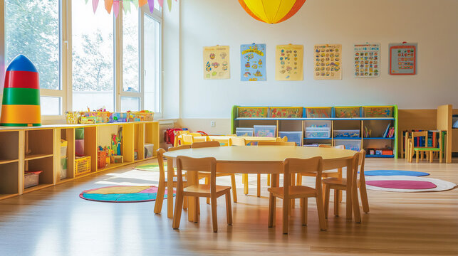 Bright and inviting preschool classroom with colorful play areas and educational materials