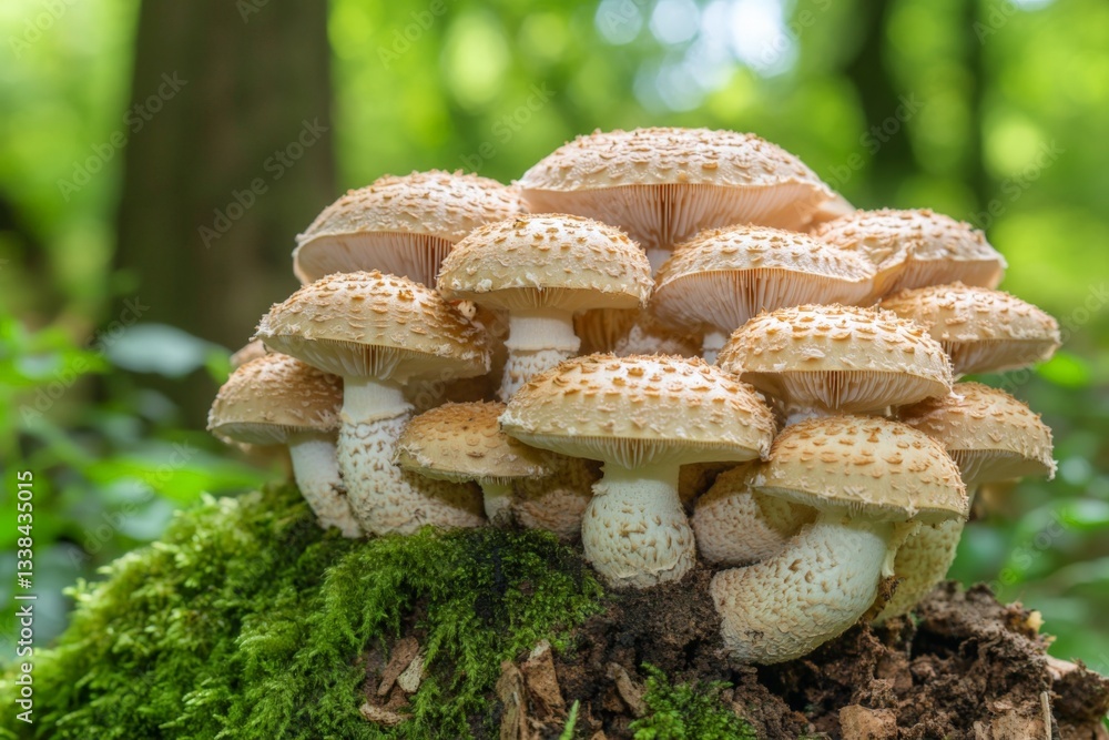 Poster cluster of mushrooms growing on a mossy log in a vibrant green forest during daytime in early spring