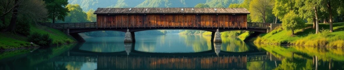 Covered bridge's wooden slats reflected in calm water, lake, smooth, watery