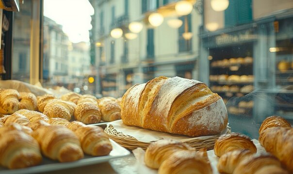Fresh Baked Bread and Croissants Displayed in Bakery Window - Powered by Adobe