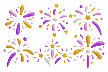 Sparkling light, sparkler 3D vector set, festive purple and yellow bang, firework explosion, bursting salute, stars