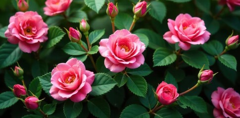 Descri??o do arbusto de flores rosas isolado no centro da imagem, rosa, verde, vegetal