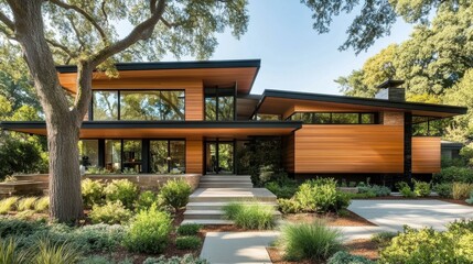 Obraz premium A beautifully designed modern house exterior featuring clean lines, a wooden facade, and lush green landscaping.