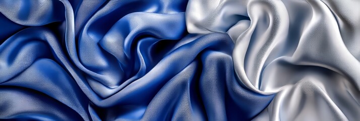 Fototapeta premium Abstract Blue and Silver Satin Background With Wavy Draped Fabric, Elegant Luxurious Texture