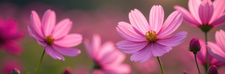 Obraz premium Pink cosmos flowers unfolding like tiny stars, pink cosmos flower garden, delicate petals