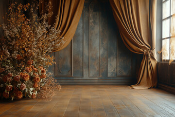 Maternity backdrop, wedding backdrop, photography background with delicate flowers and vintage wall.