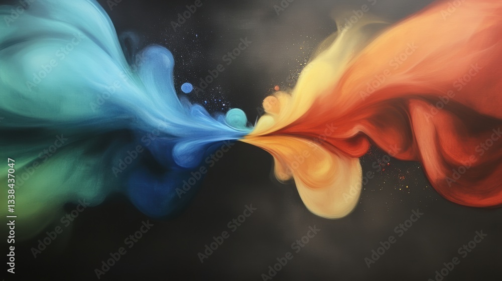 Poster colorful fluid dynamics merging in artistic abstract design.