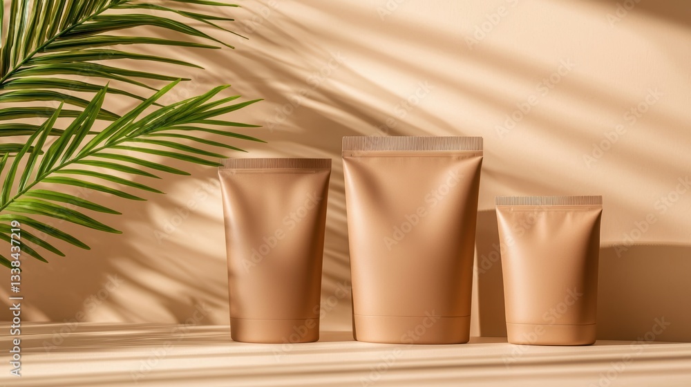 Poster collection of matte and glossy stand-up pouches in different sizes, minimalist branding mockups, cle