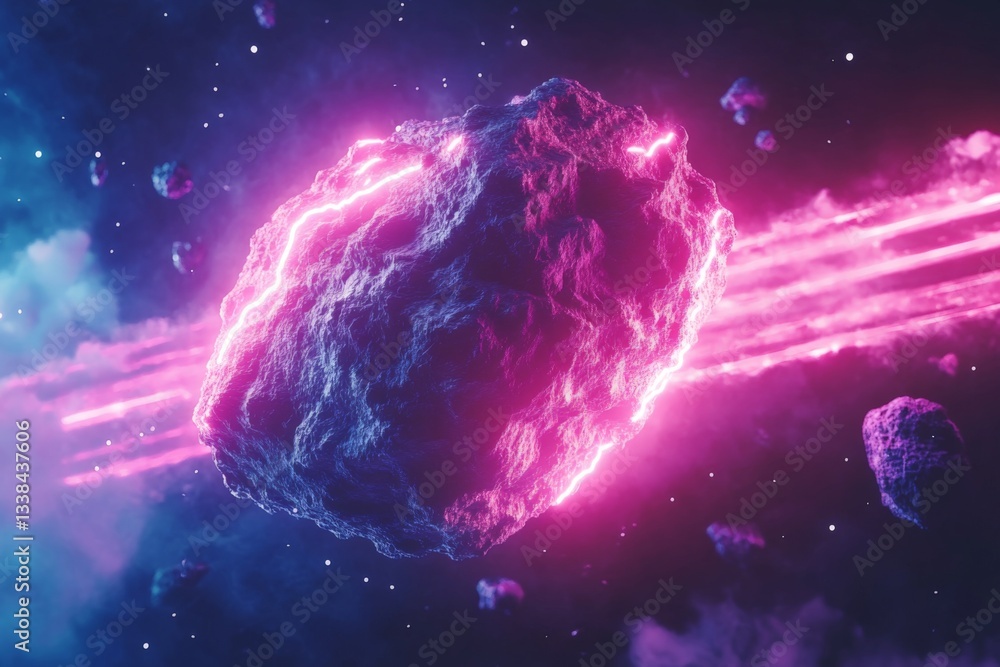 Poster cosmic asteroid travels through vibrant space with glowing energy trails and colorful nebulae in the