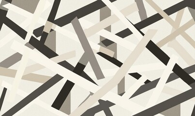 Geometric pattern of overlapping beige, gray, and white rectangles on a neutral backdrop. Modern, abstract design