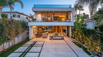 Fototapeta premium A beautiful two-story modern home with an open-concept design, large sliding glass doors, and elegant exterior lighting.