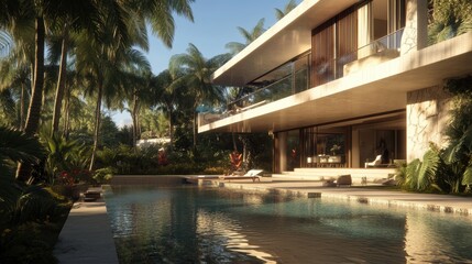 Obraz premium A beautiful two-story modern home with a cantilevered balcony overlooking a serene swimming pool.