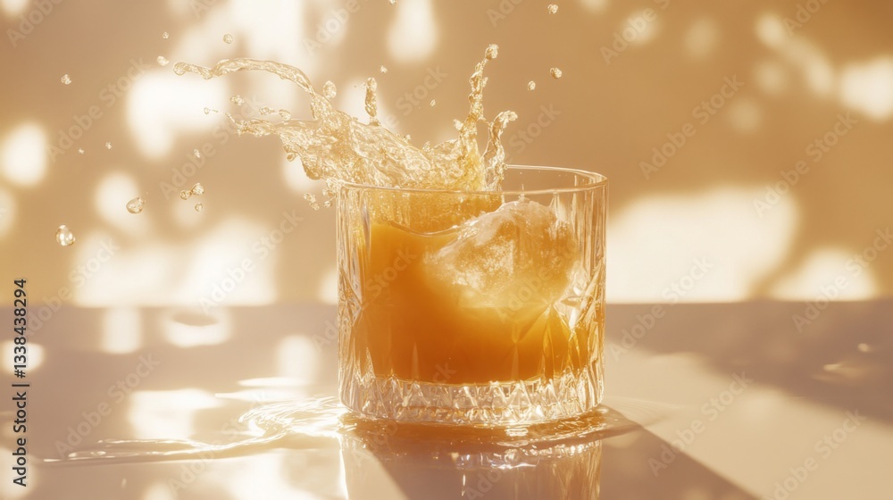 Poster a close-up of a glass of orange juice with a splash of juice pouring in, capturing the dynamic motio