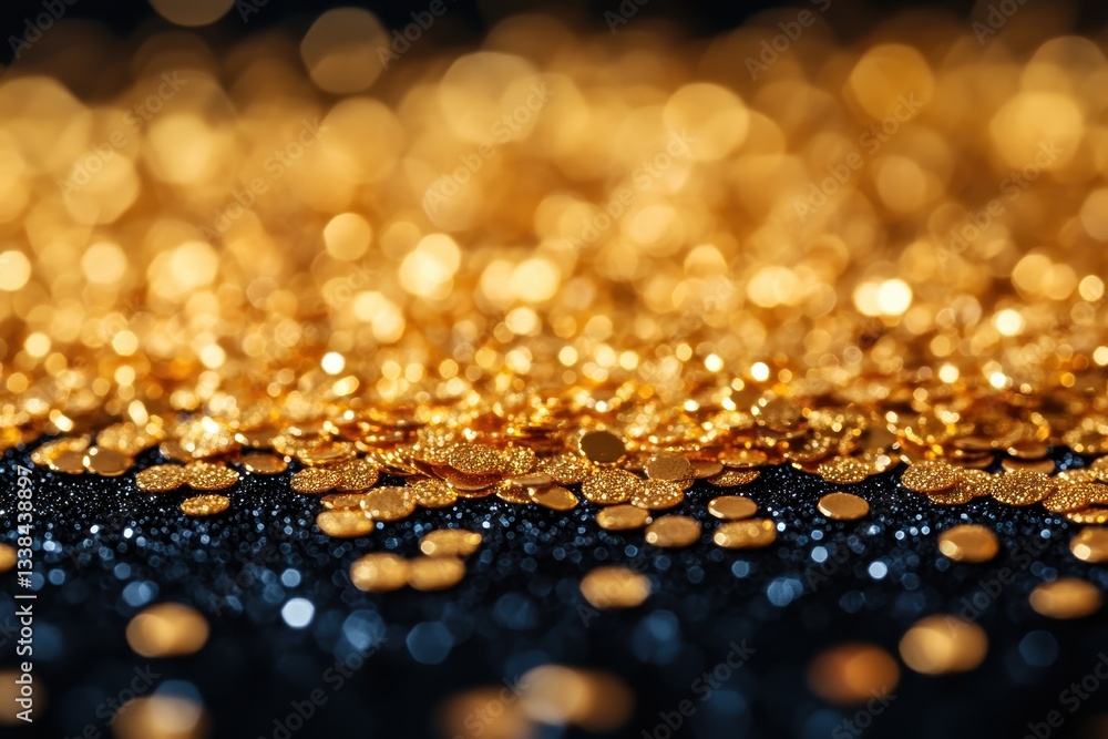 Poster shimmering golden confetti spreads across a dark surface creating a festive atmosphere and visual de