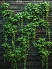 Lush Green Vines Cascading Down a Dark Brick Wall Creating a Natural and Serene Vertical Garden Ambiance