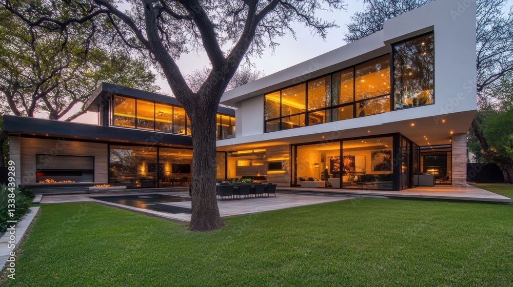 Aufkleber a bold modern two-story home with sharp angular architecture, dramatic lighting, and an inviting out