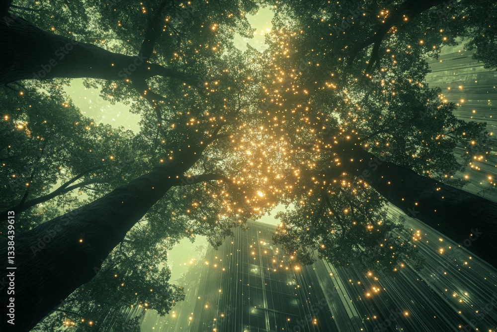 Poster Light dances among towering trees in a mystical forest atmosphere with sparkling effects during twilight hours