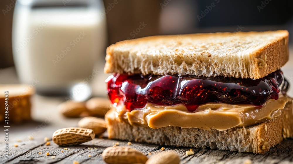 Poster a close-up of a peanut butter and jelly sandwich with colorful jelly oozing out, served on a wooden 