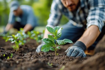 Fototapeta premium Volunteers planting young trees in a community garden during spring in a local park