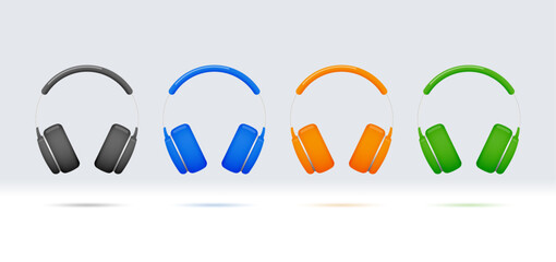 Collection of colorful headphones in cartoon 3d style. Vector illustration.