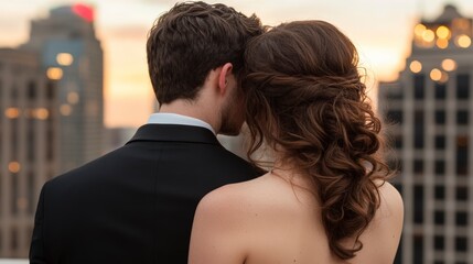 Naklejka premium Romantic Couple Embracing at Sunset with Cityscape Background Overlooking Urban Skyline