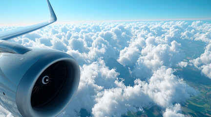 View from an airplane window, with white clouds and a blue sky in the background, and a view of the engine wing on the side