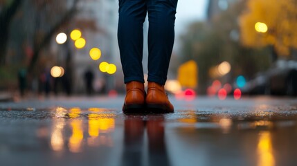 Fototapeta premium Person Standing in Rainy Street with Reflections and Warm Lights Creating a Cozy Atmosphere
