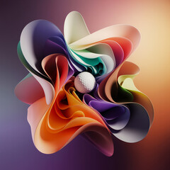 A 3D abstract render of a golf ball soaring through vibrant colors, with ethereal shapes swirling in a dance of light, evoking freedom and aspiration.