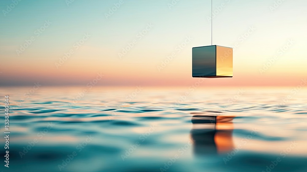 Aufkleber surrealist art abstract background idea. minimalist scene of a floating cube above serene water, ref