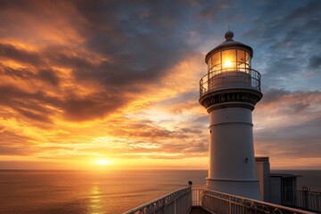 Sunset view of a lighthouse overlooking the ocean with vibrant skies and warm colors at dusk