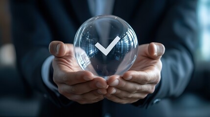 Businessman holding a transparent glass sphere with a checkmark