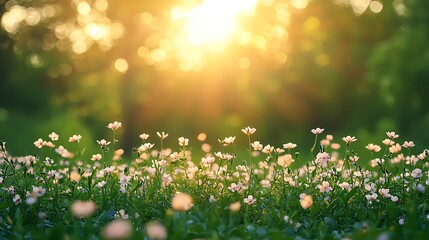 Obraz premium Soft Sunlight Illuminating White Wildflowers in a Lush Field