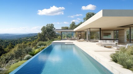 Fototapeta premium A breathtaking modern single-story home with an infinity edge pool, lush plants, and panoramic views.