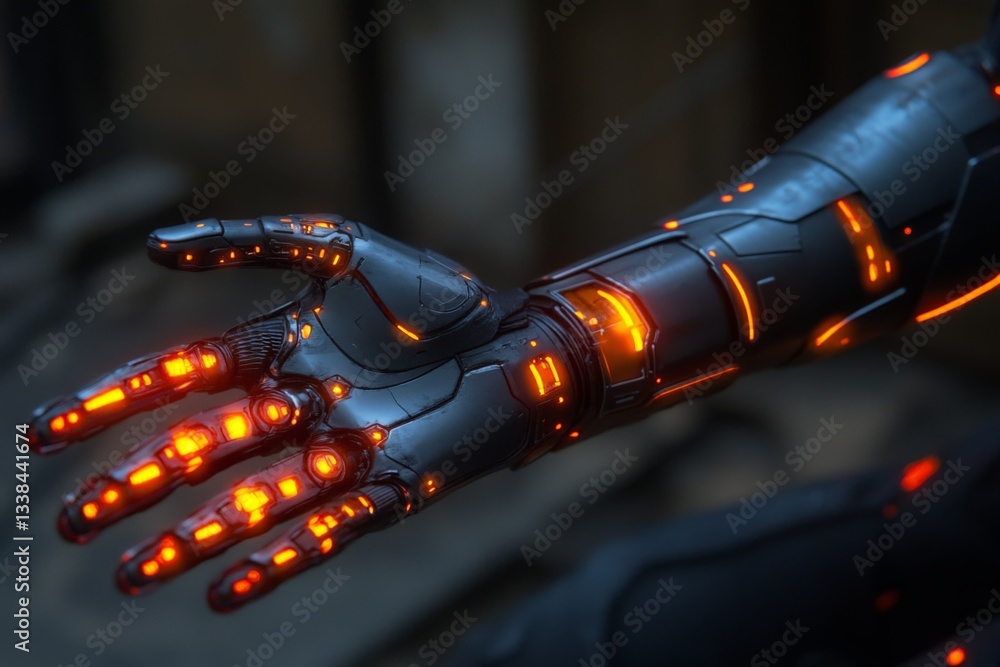 Leinwandbilder futuristic robotic arm with glowing orange accents displayed in a shadowy environment, showcasing ad