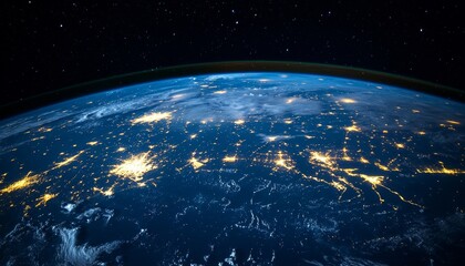 Obraz premium Earth at Night, City Lights Illuminating, View From Space. Global Connection Concept.