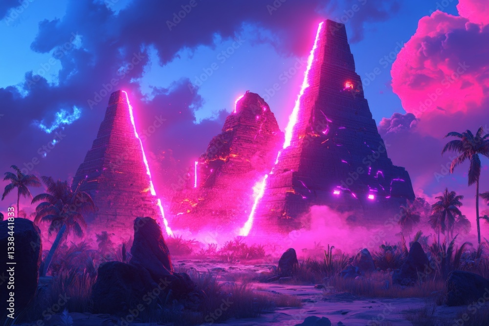 Aufkleber Neon-lit ancient pyramids rise dramatically against a colorful twilight sky with scattered clouds and palm trees nearby