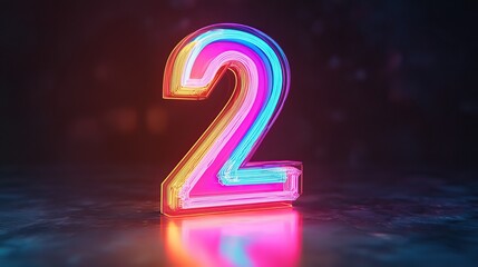 Bright neon number 2 glowing in vibrant pink, blue, and yellow colors on dark background with reflective surface