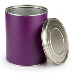  A large, cylindrical tin can with a deep purple body and a brushed silver lid.