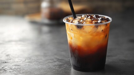 A clear plastic cup filled with iced coffee showcases contrasting layers of dark brown liquid and ice cubes, placed on a textured table.