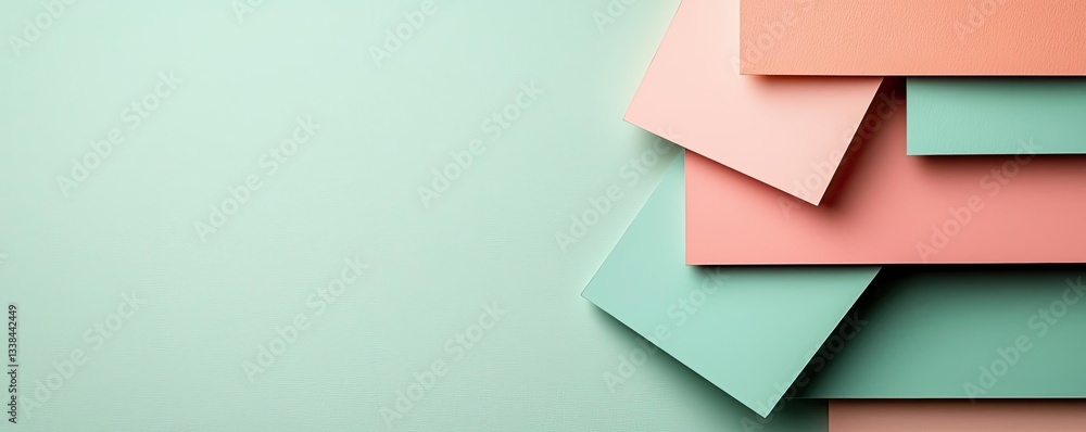 Poster negative space design abstract background idea. colorful paper sheets stacked creatively on a mint b