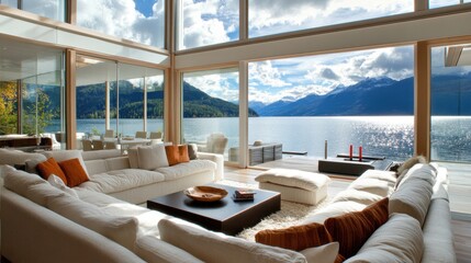 A breathtaking single-story modern lake house with a glass-walled living room and scenic waterfront views.