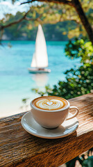 Cup of cappuccino with latte art on wooden table overlooking tropical turquoise sea and sailboat, relaxing summer scene